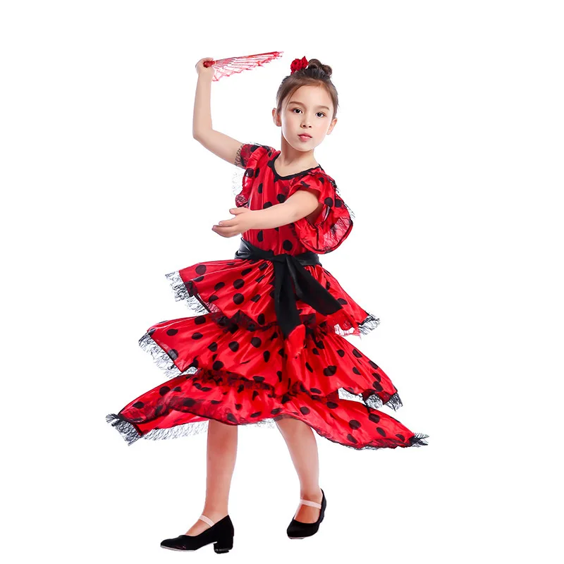 Ready Goods Spanish Senorita Girls Traditional Flamenco Dancer Dresses For Kids Fancy-dress Dance Costume