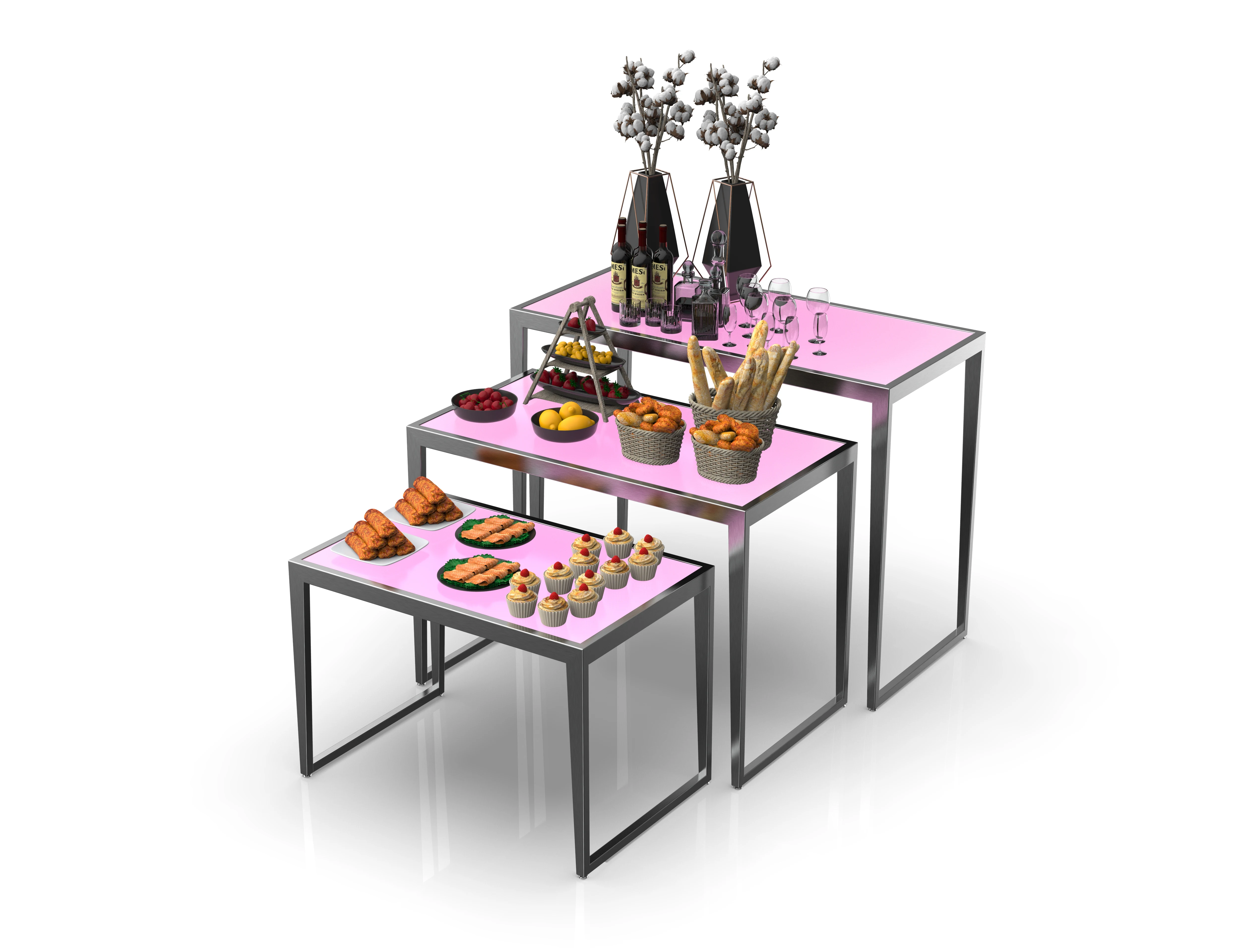 Wholesale restaurant arabic tempered mirror table dinning set commercial rectangular stainless steel hotel buffet table