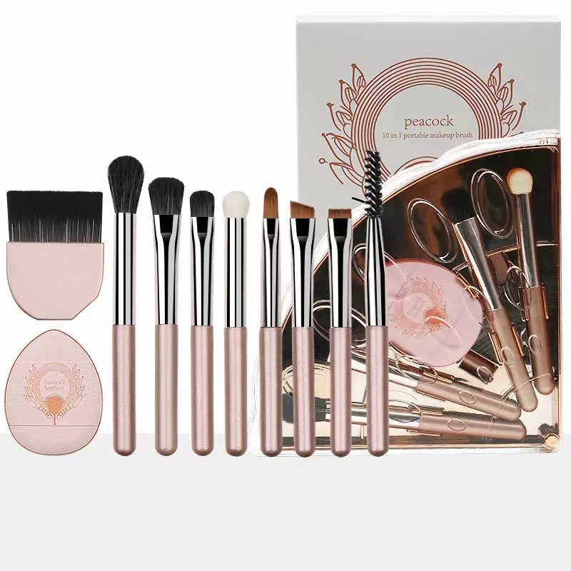 New portable makeup brush Peacock 10 in 1 set mini storage folding travel eye shadow halo dye concealer makeup brush