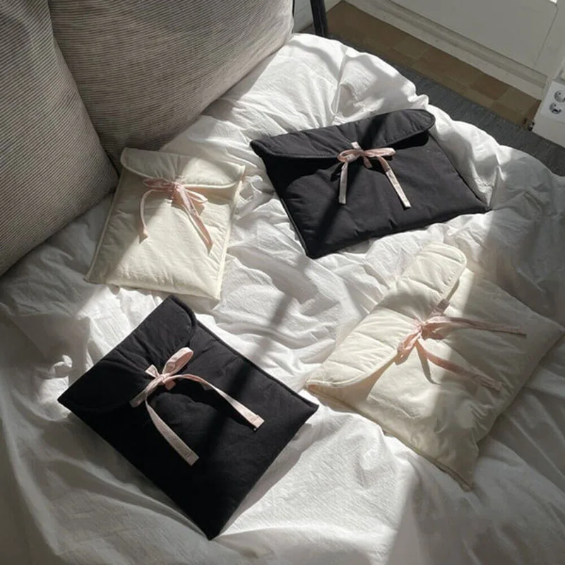 Custom Size Logo Coquette Cotton Padded eReader Laptop Tablet Protection Sleeve Pouch Case Bag with Tie Ribbon