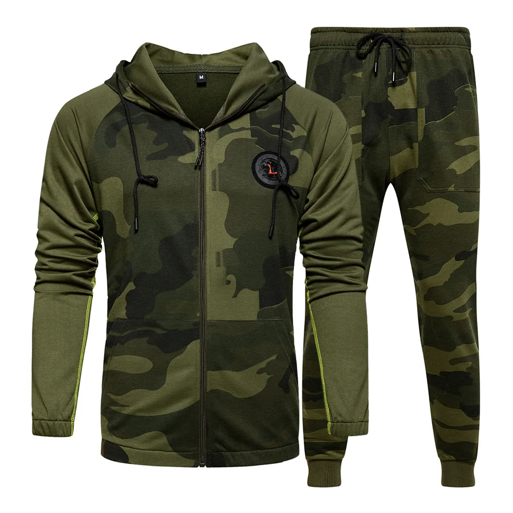 Spring & Autumn Fashion Sportswear Full Zip Hoodie & Jogger Two Pieces Set Outfits Men Casual Camo Tracksuits