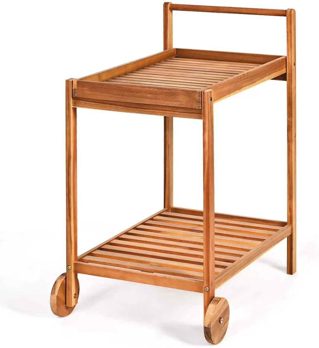 Acacia Wood tea Serving Cart, Patio Bar Cart Rolling Trolley Cart with 2 Trays