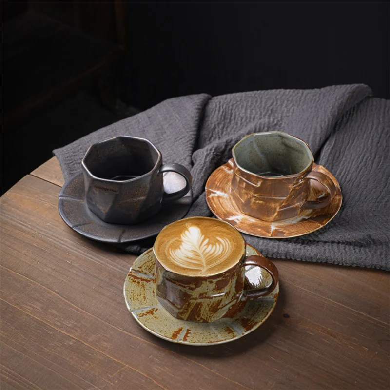 220ml Vintage Coffee Cup Saucer Set Handmade Cappuccino Mug Stoneware Artistic Tea Cup With Tray