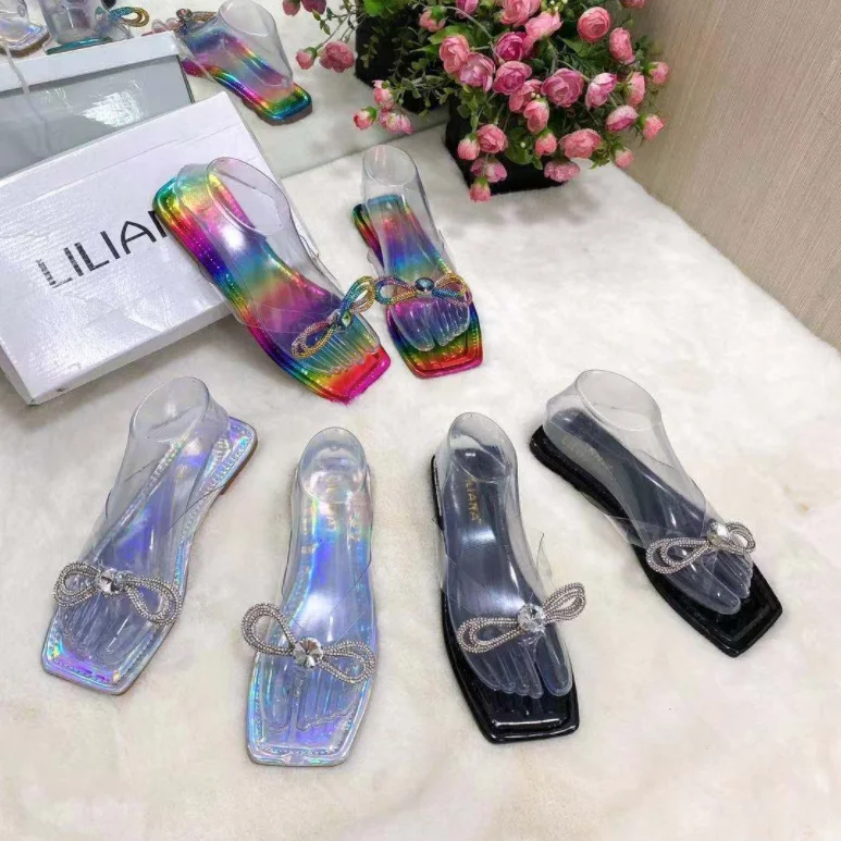 Summer New Quality Colorful Rhinestone mujer luxury chaussur  bowknot girl flat jelly sandal shoes