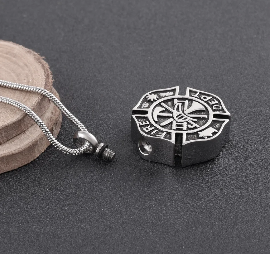 wholesale Badges Firefighter Keepsake Pendant MEN Necklace Cremation Funeral Stainless Steel Urn Jewelry to hold loved one ashes
