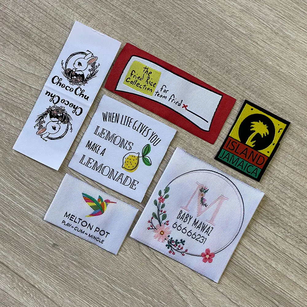 Custom Brand Name Logo Center Fold  Fabric Tags Machine Beanie Damask Woven Labels for Clothes