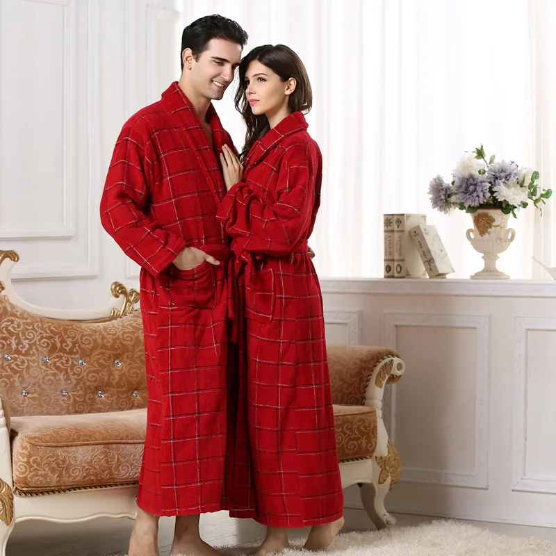 Couple Plus Size Checkerboard Sleepwear Unisex Long Ankle Length Night robe 100% Cotton Plaid Shawl Collar Bathrobe