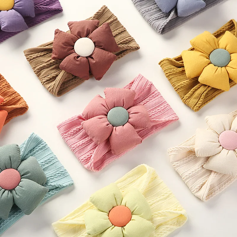 Small Order Baby Wide Twist Braided Cable Jacquard Headband With Big Stuffed Flower Girl Pom Pom Bow Newborn Headband