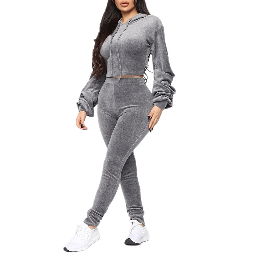 Fashion Crop Top Suit Hooded Sportswear Pullover+Leggings Velvet Women Sweatsuit 2 Piece Set Tracksuit Womens Velours Tracksuit