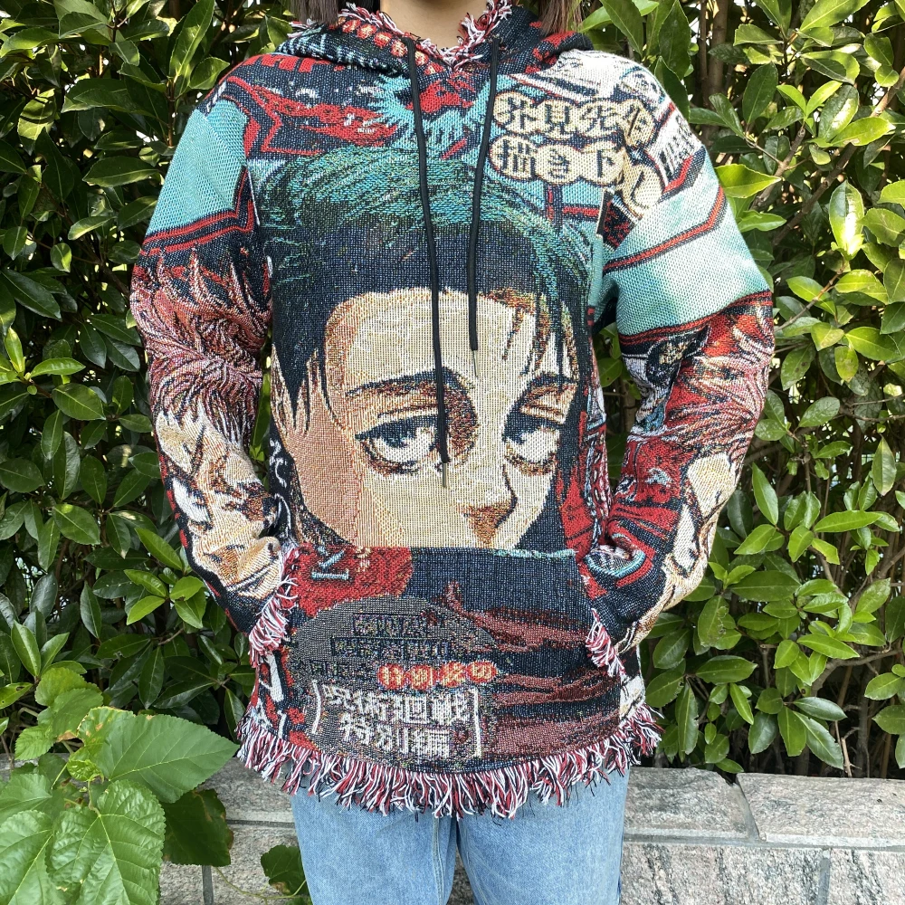 Casual Custom Men Cotton Anime Woven Jacquard Pullover Sweatshirts Hoodies Male Vintage Streetwear Thick Tapestry Hoodie