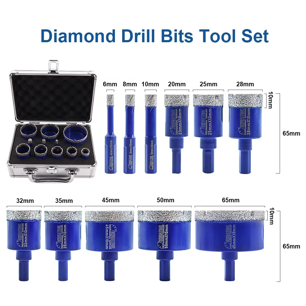 1Set/11PCS 6-65mm Triangle Shank Diamond Marble Ceramic Tile Crown Hole Saw Cutter Core Drill Bits Set For Porcelain Tile Marble