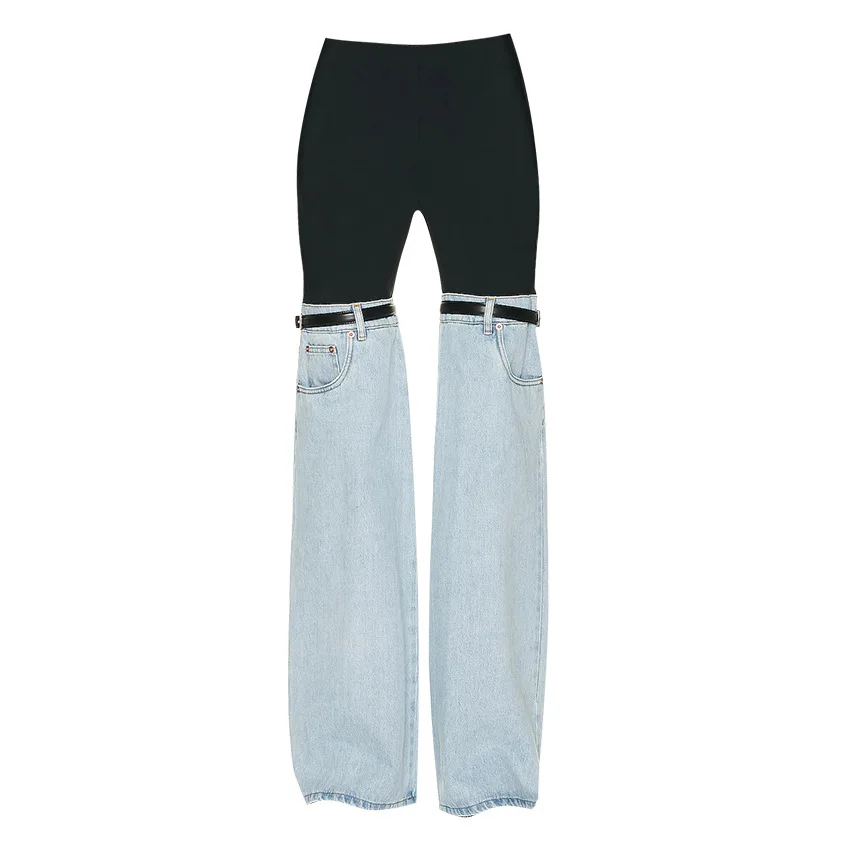 ANSZKTN Women Sexy Fashion Street Shooting Hip Raise Wide leg Loose Patchwork High Waisted Jean Denim Pants
