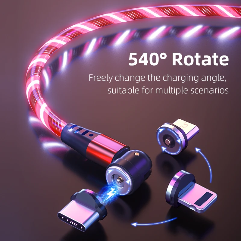 
Wholesale 540 degree rotating magnetic cable 2.1A LED flowing light 3 in 1 Micro USB mobile Charger 1M/2M luminous charging line 