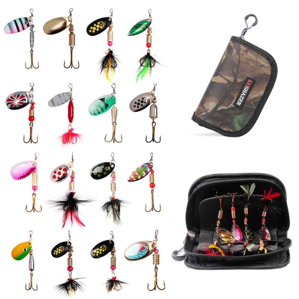 
Amazon hot sale logo custom 16 PCS fishing Lure fishing spoon kit metal Hard Spinner lure Baits set with carry bag 