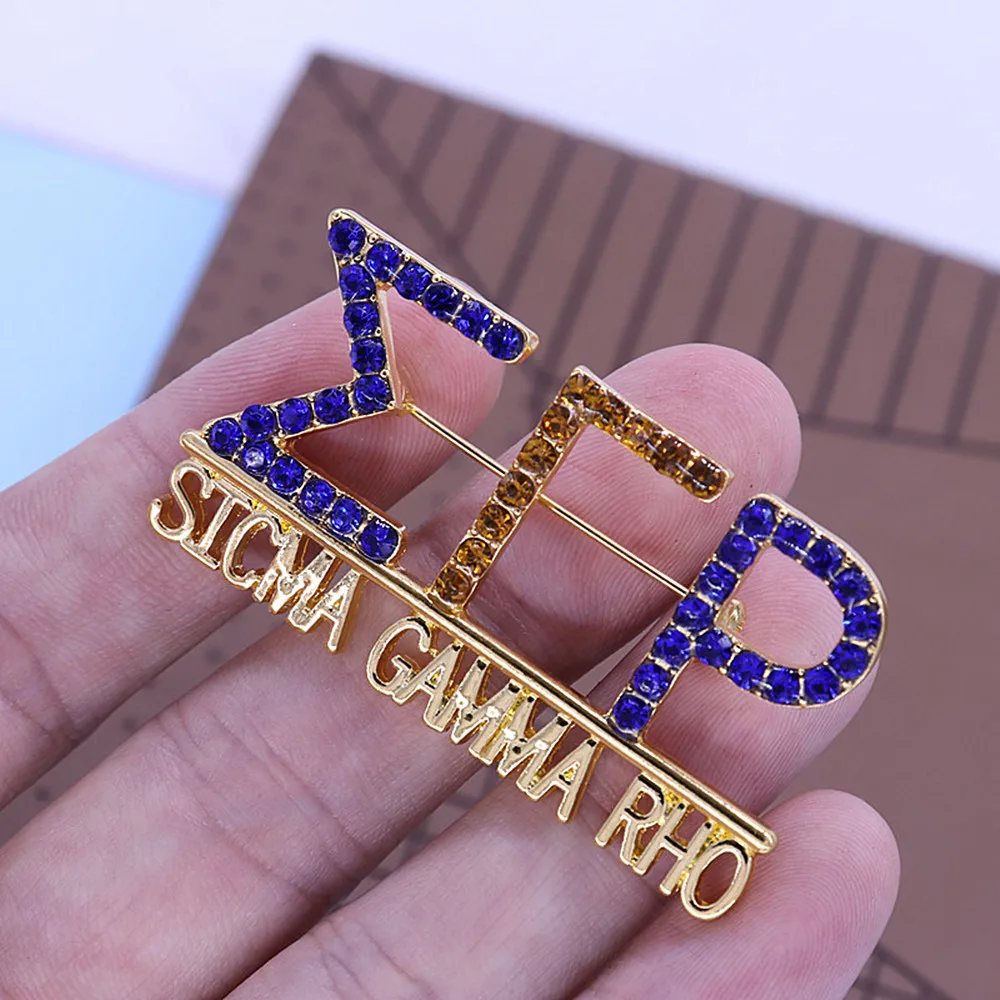 Metal Gold Plating Blue Yellow Diamond Inlay Greece Letters Sigma Gamma Rho Lapel Pin Sorority SGRHO Club Brooches Custom
