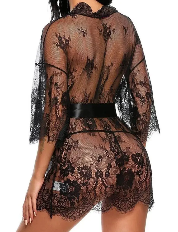 Women Sexy Lace Kimono Naughty Underwear Sleepwear Transparent Mesh Lace Dress Robe with Belt and G-String