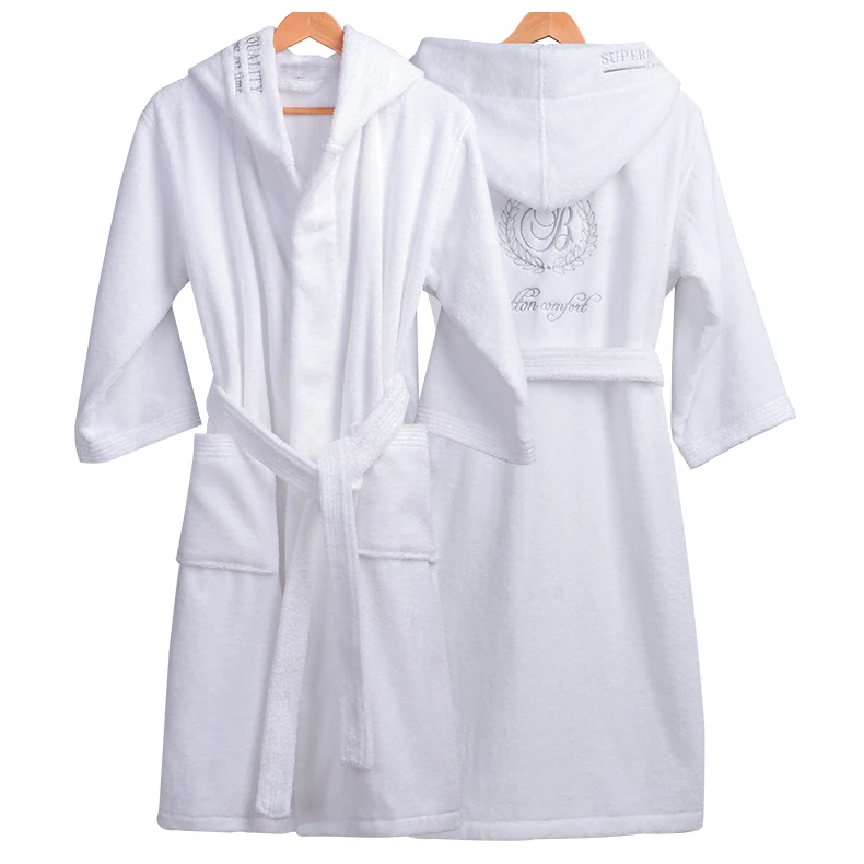 Махровый банный халат с капюшоном для мужчин и женщин, 100% хлопок, с вышитым логотипом