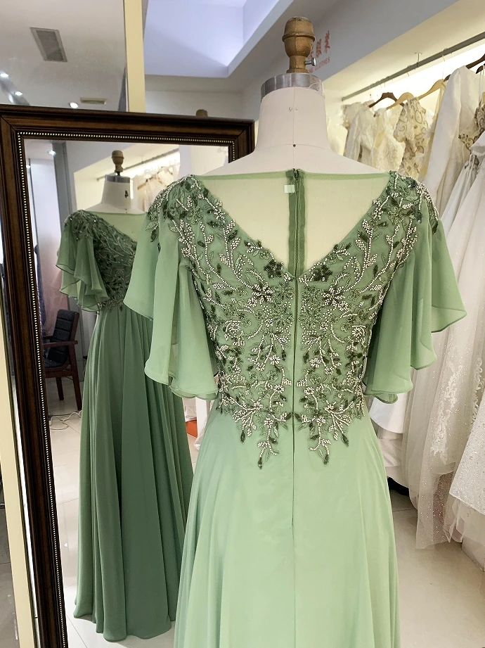 2024 sage green puff sleeve embroidery beading round neck zipper up back chiffon skirt mother of the bride dresses