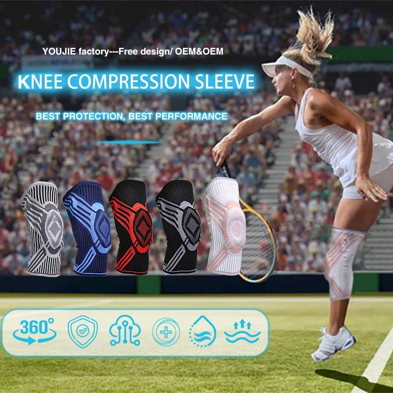 YOUJIE OEM Unisex Sports Medical Anti Slip Leg Joint Protection 3D Knitted Knee Compression Sleeves with Silicone Patella Donut
