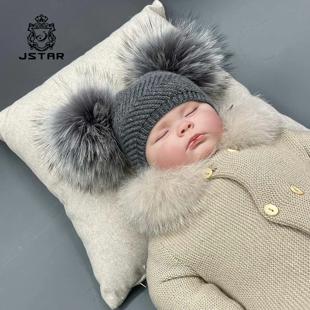 Popular Fashionable Real Double Fur Pom Pom Beanie Twill Knitted Angora Wool Hat Winter Cute Newborn Baby Hat