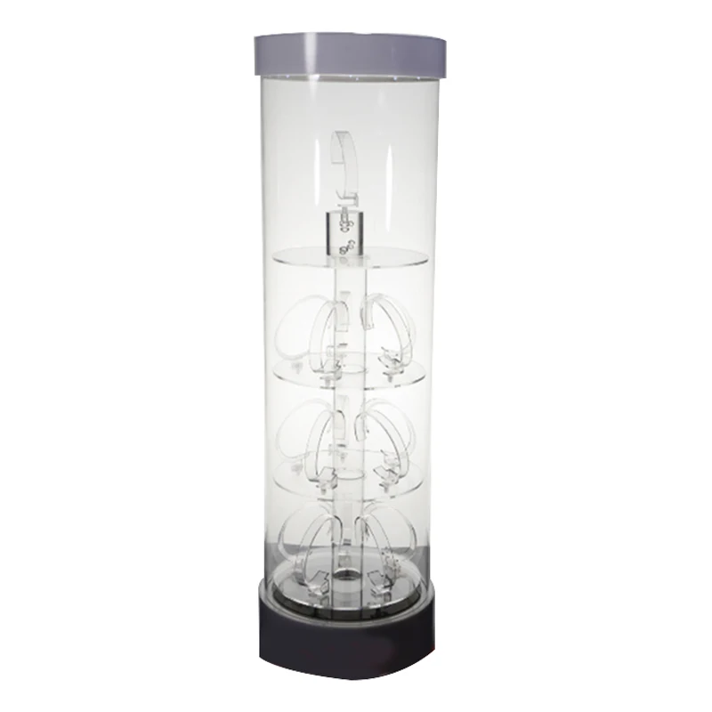 Factory custom Led rotating round cylinder pmma plexiglass acrylic watch display box shelf acrylic watch display showcase
