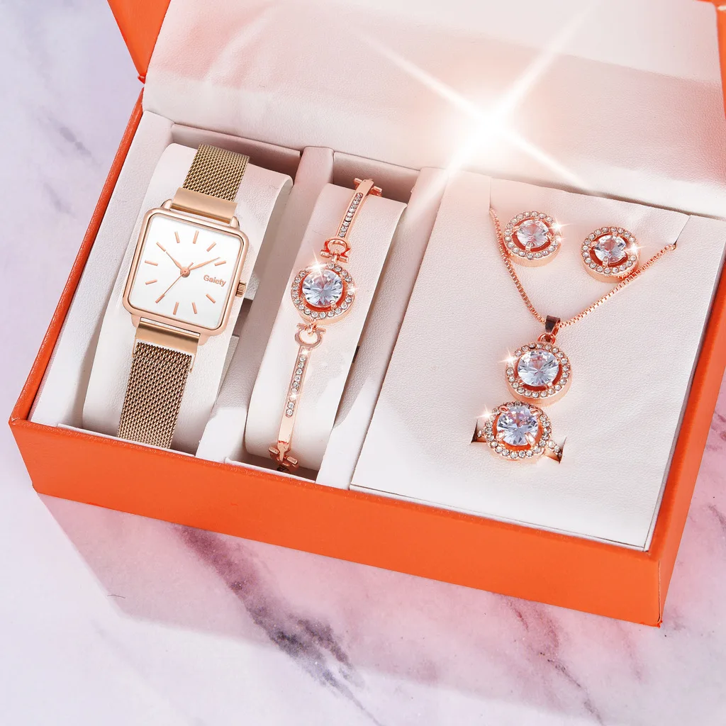 Magnetic Buckle Quartz Watch Diamond jewelry Lady Watch Set 5 Piece Bracelet Necklace Earrings Ring Watch Set For Women Gift Set