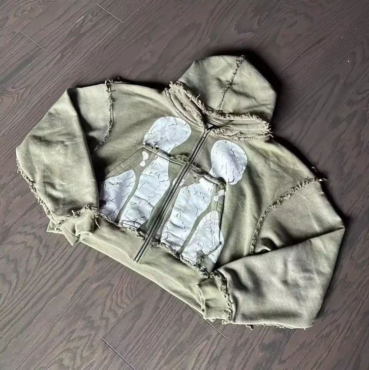 Custom 480gsm Cotton Dye Fleece Zip Up Faded Screen Printing Graphic Boxy Fit Zip Up Acid Washed Distressed Cropped Hoodie Men