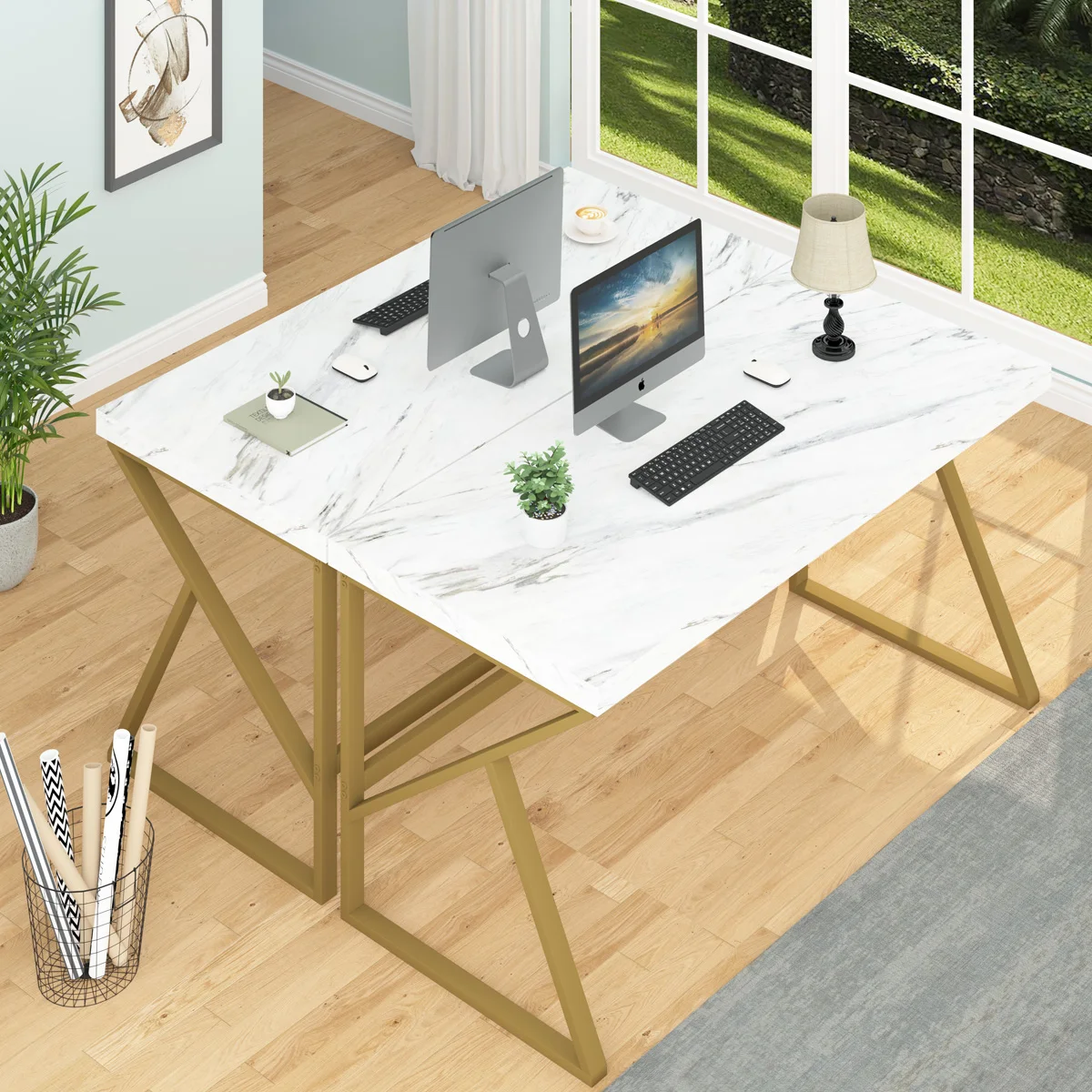 New 1.4-Meter-Long White and Gold Computer Desk Luxury Computer Desk Computer Table Desk for Family Bedrooms and Living Rooms