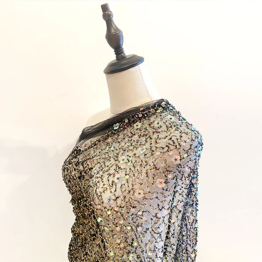 Wholesale luxury full polka dots colorful mesh gold beads lace fancy diamond tulle embroidered bridal dress sequin fabric