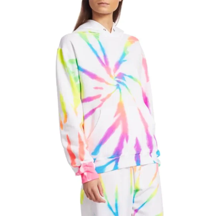 Wholesale Latest Design Neon Rainbow Hoodie Set Trendy 100% Cotton Custom Tie Dye sweatsuit joggers tracksuit for women