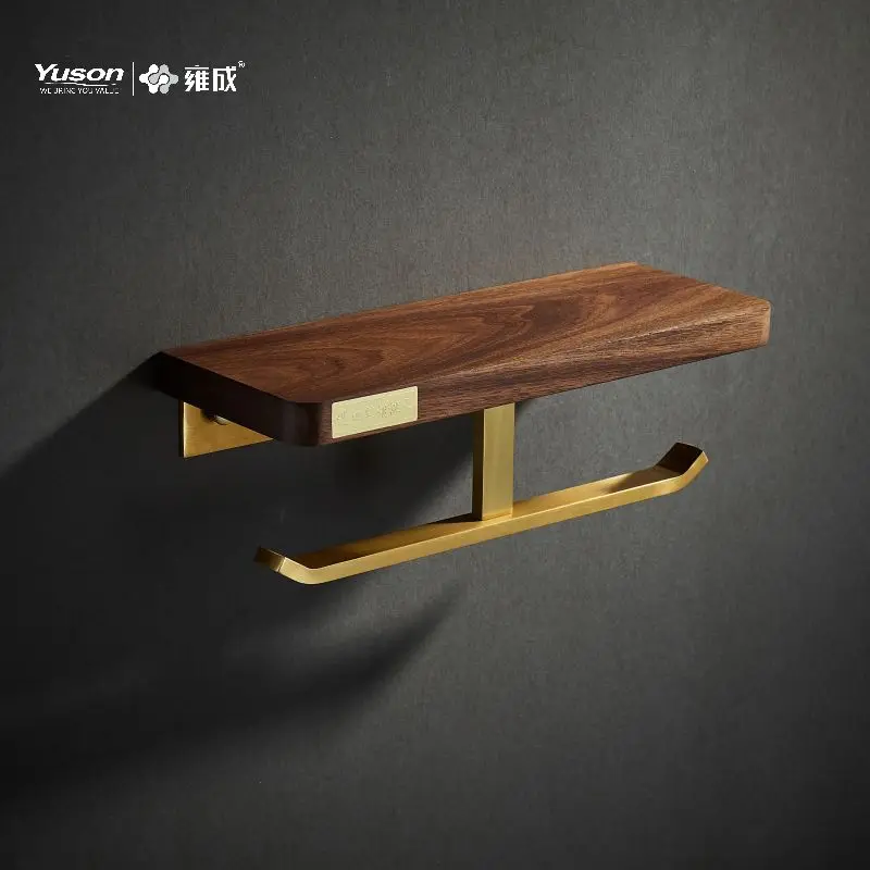 Yuson 21486DB Wooden Dual Paper Towel Toilet Paper Roll Holder Holder Wall-Mounted Tissue Paper Roll Holder With Phone Shelf