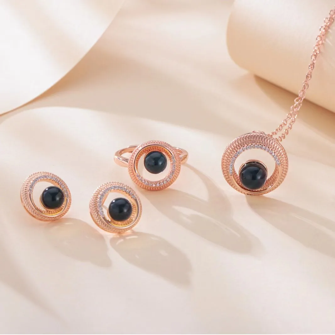 Vintage Natural Stone Amber Jewelry sets Ring earrings Necklace Shining Starry Sky Shape For Women Wedding Fashion Fine Jewelry