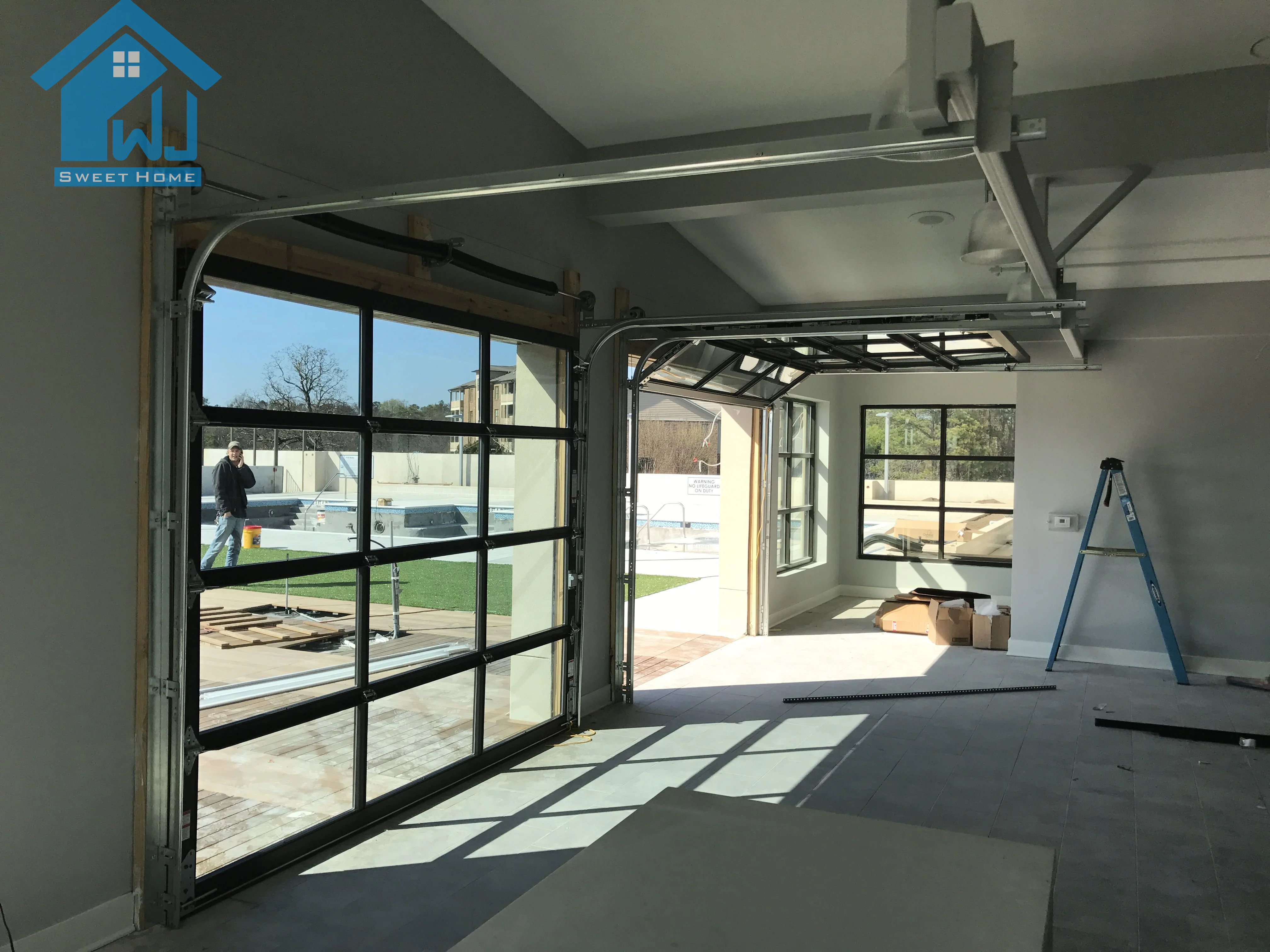 Double tempered glass black color security garage door aluminum garage door panels with German motor other doors