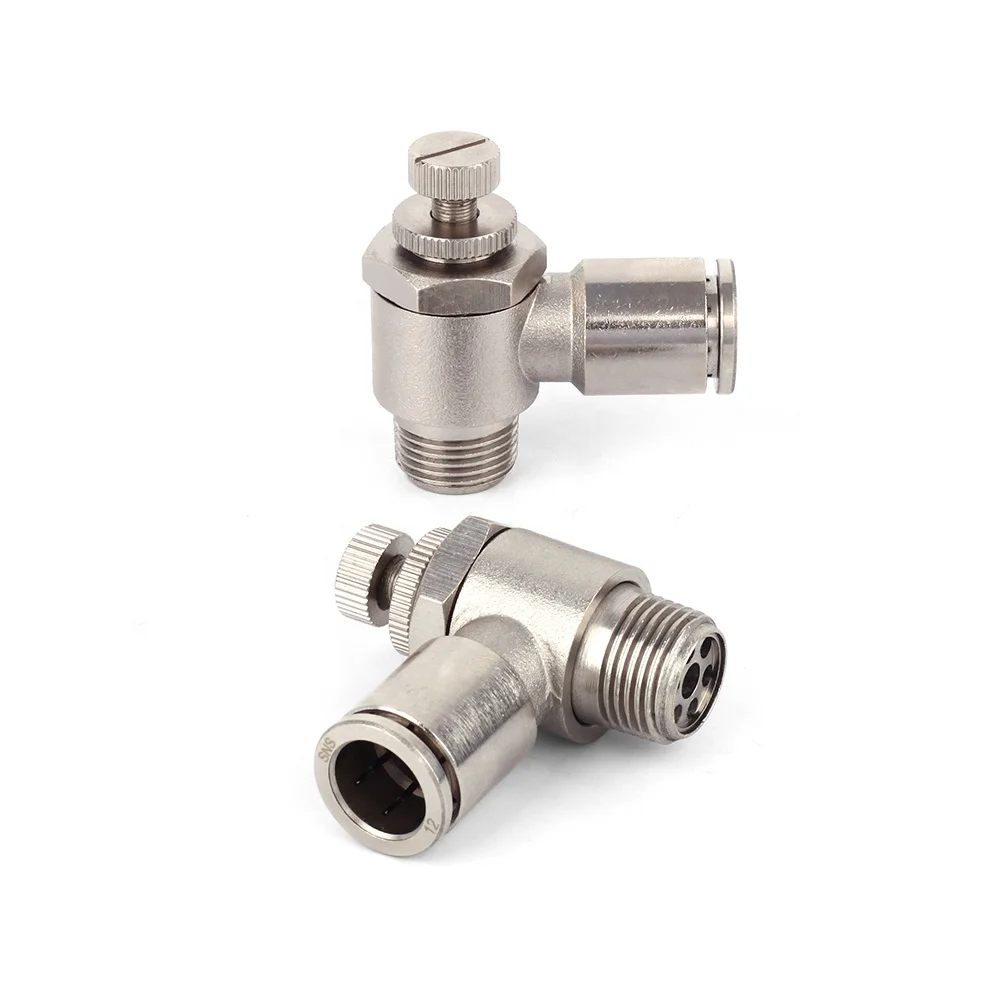 SNS JJSC Series one touch L type 90 degree elbow nickel-plated brass air flow speed control fitting pneumatic throttle valve