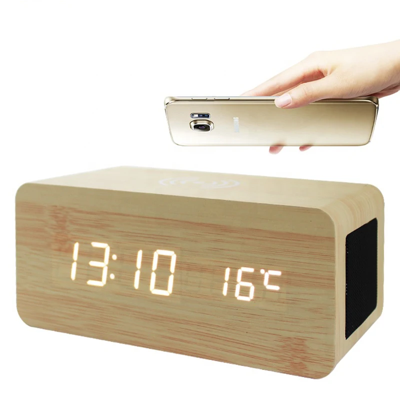 Desk&Table Digital Wireless Phone Charging Temperature Humidity Bamboo Wooden LED Snooze Alarm Clock With Bluetooth Speaker
