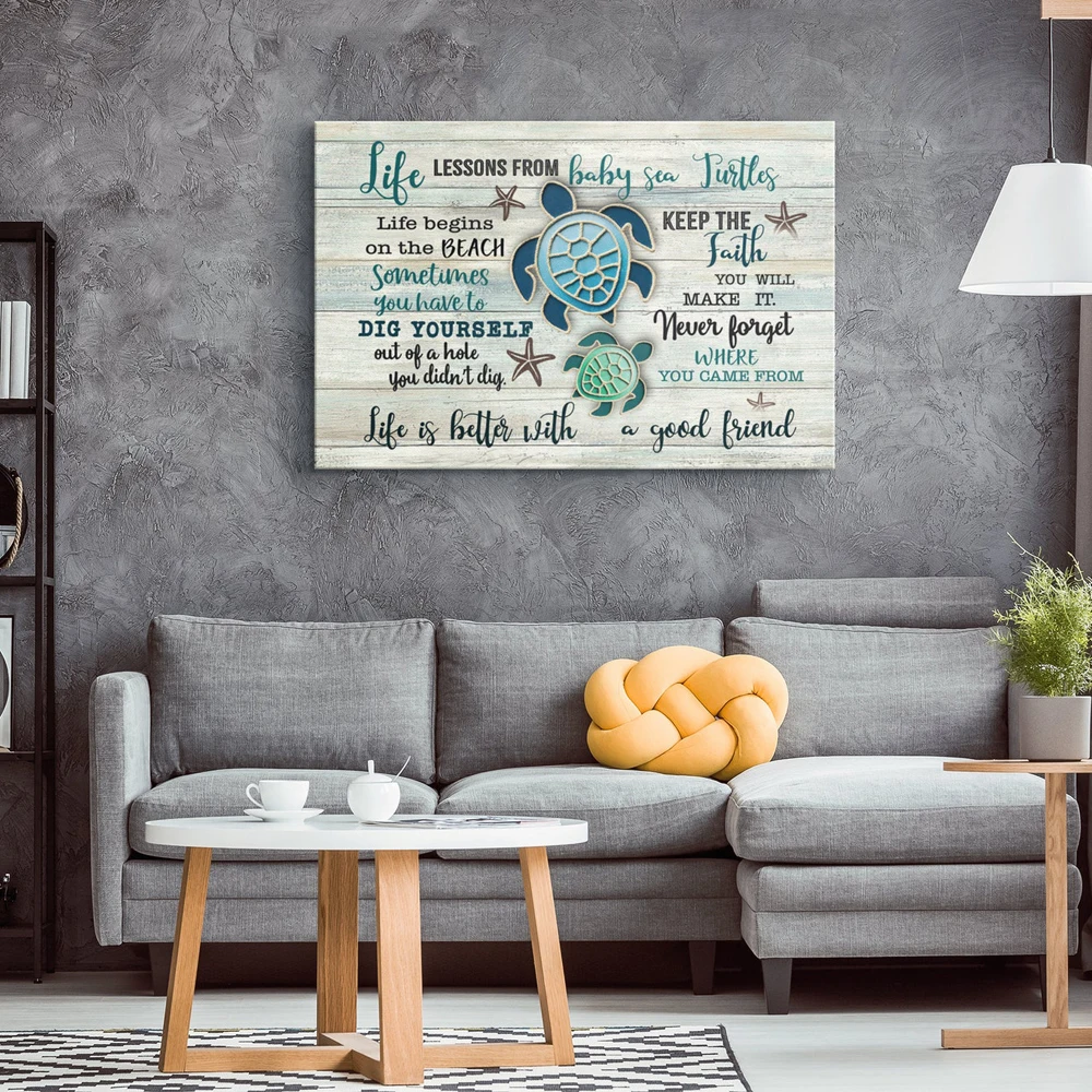 Life Lessons From Baby Sea Turtles Canvas Wall Art Farmhouse Sign