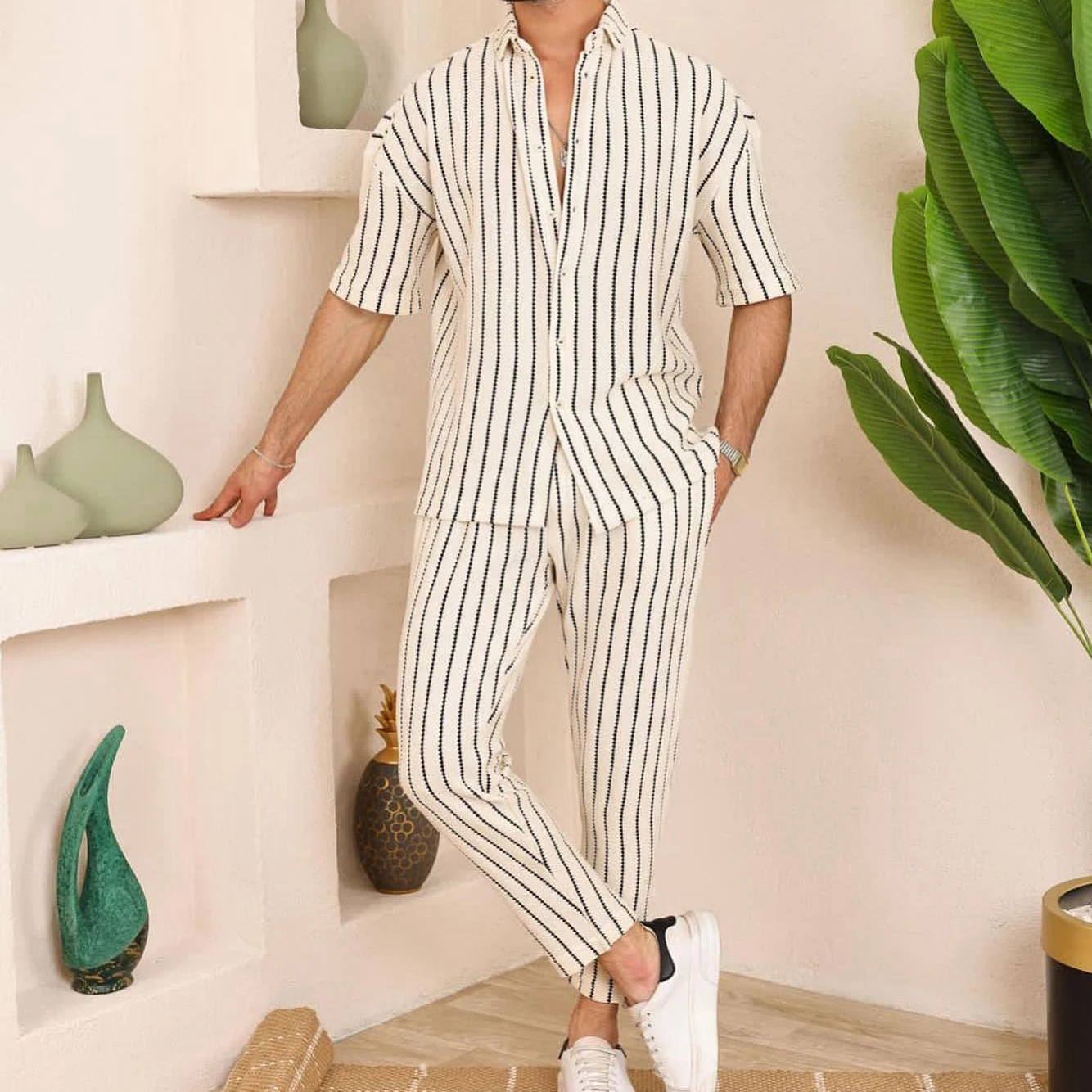 Custom Logo Unisex Mens Polo Stripe Long Sleeve Shirt And Pants Polo Sweet Suit Set Stripe Mesh Fabric Summer Polo Set