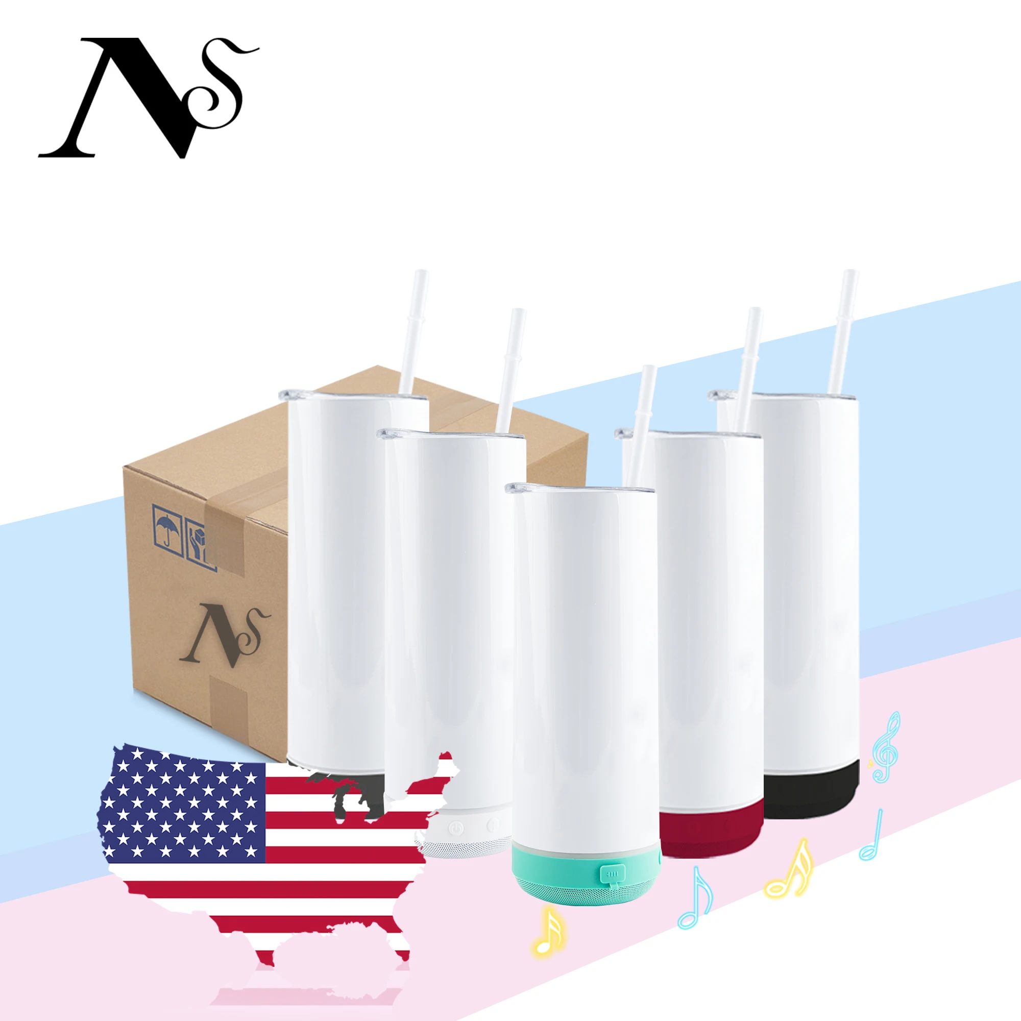 USA warehouse free ship Straight White Sublimation Blank Usb Led Light Wireless Speaker Water Cup Skinny Tumbler
