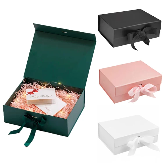 Customized Logo Foldable Rigid Paper Christmas Present Box Wedding Valentine White Magnetic Gift Box With Ribbon Insert