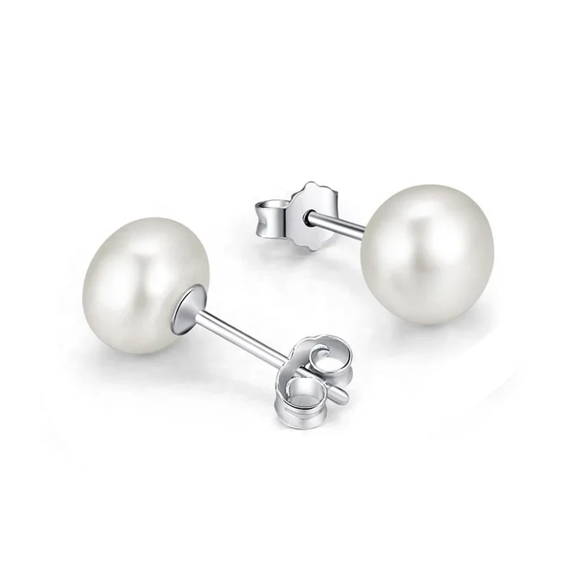 Classic 925 Sterling Silver Girls Pearl Fine Jewelry Rhodium Plated Freshwater Pearl Stud Earrings for Women
