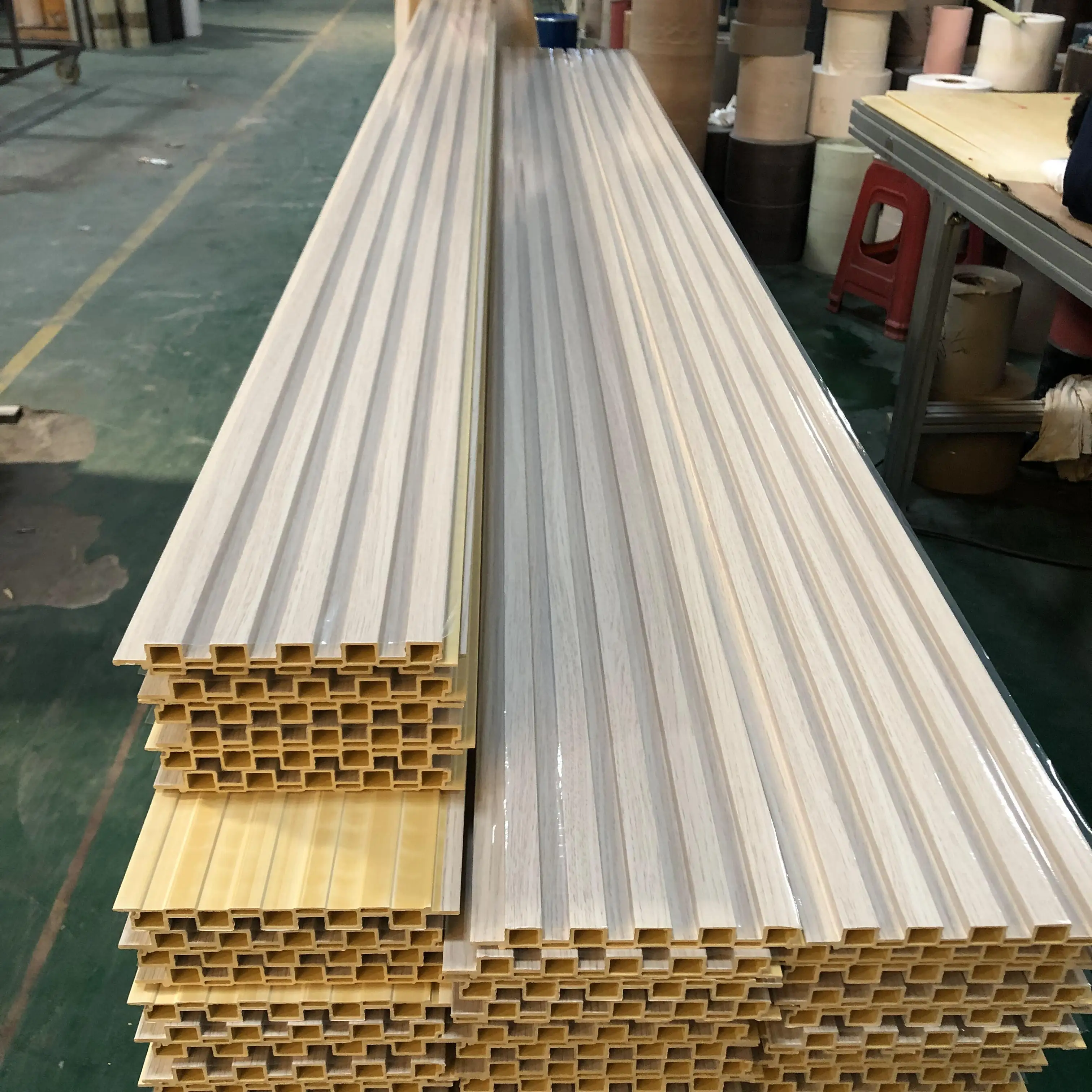 Natural wood grain light yellow brown style interior decoration wall claading pvc film 3d fluted wall panel