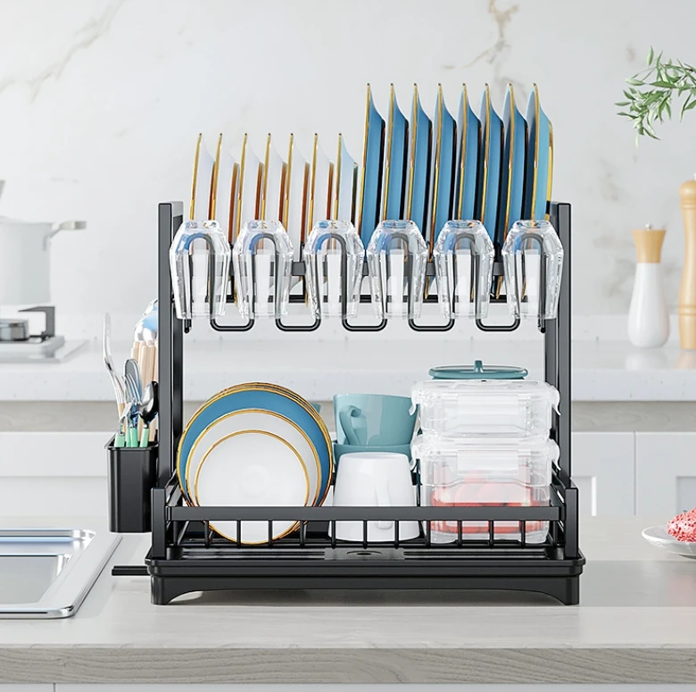 Kitchen Storage Organizer Dish Drying Rack With Drainer Tray and Cutlery Holder