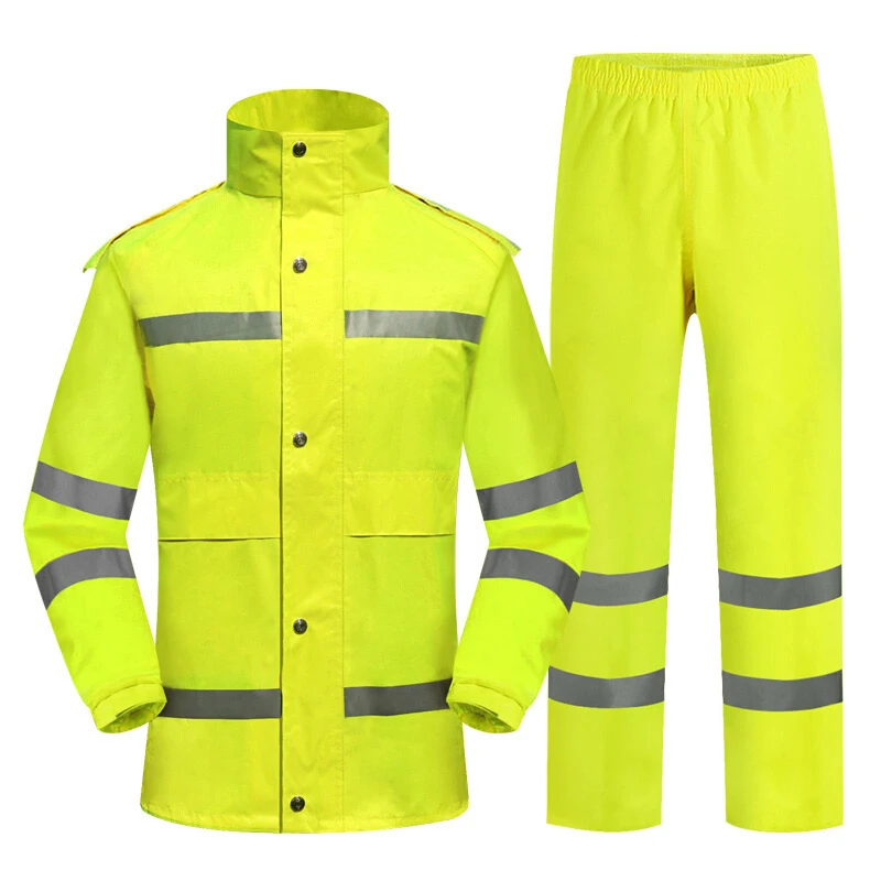 Custom Fluorescent Yellow Two Pieces Fashion Water Proof Pvc Coating Men Reflective Raincoat