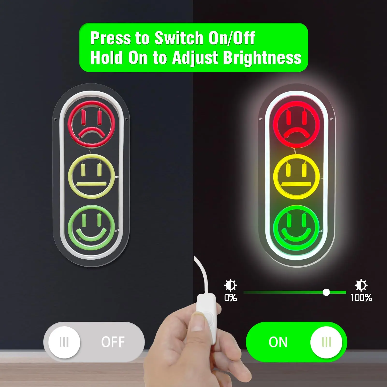 Smiley Face Neon Sign Traffic Light Led Sign Dimmable Smile Neon Lights Signs for Kids Room Bedroom for Neon Wall Art