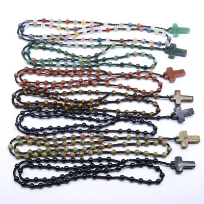 Christian Religious Jewelry Crystal Agate Semi-precious Stone Agate Cross Rosary Bead Natural Stone Necklace