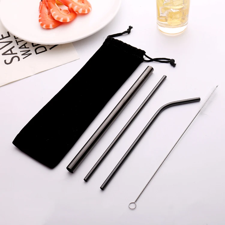 Wholesale eco friendly Reusable 3PCS Stainless Steel Drinking Metal Straws Set With Brush