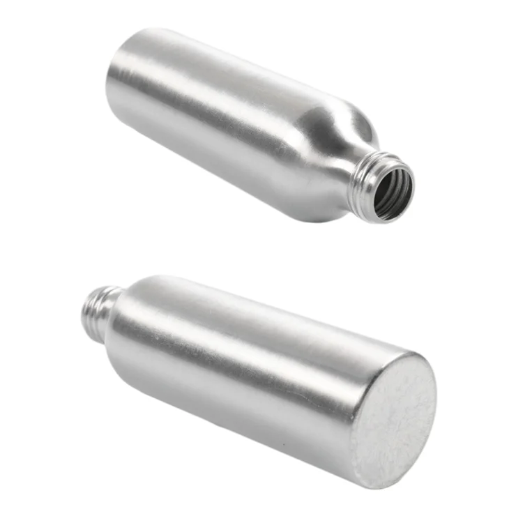 Empty aluminum metal round bottle free sample cosmetic essential oils bottles custom shampoo bottles with aluminum sprayer pump