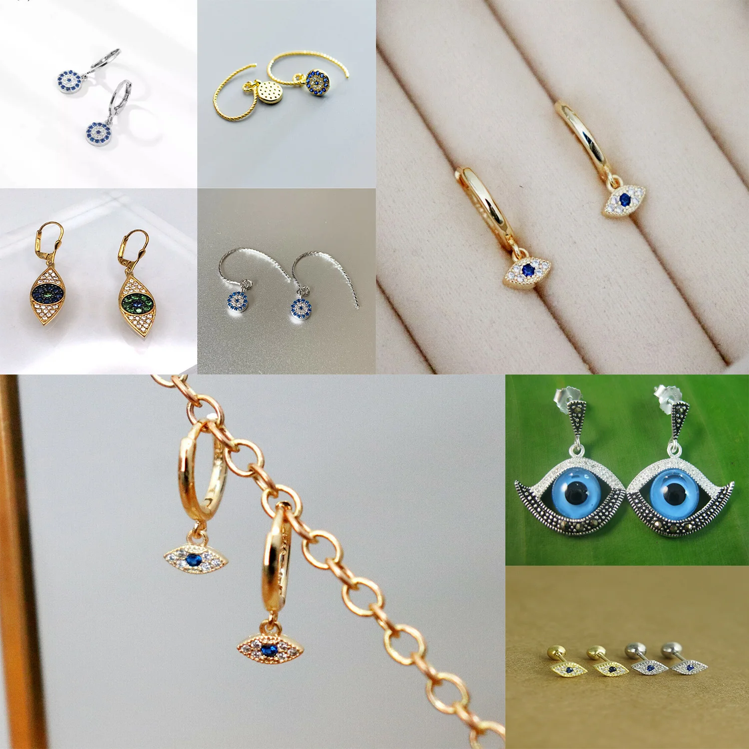 Wholesale Turkey Different Design Rattan Blue Oem Stud Baby Tiny Gold Plated Heart Hoop 925 Sterling Silver 14K Evil Eye Earring