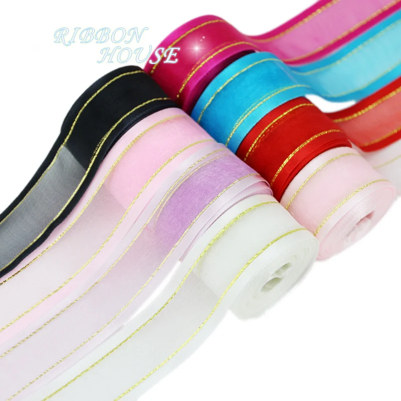 (10Yards/lot)  25mm White broadside gold edge organza ribbon wholesale gift wrapping decoration ribbons lace fabric wholesale