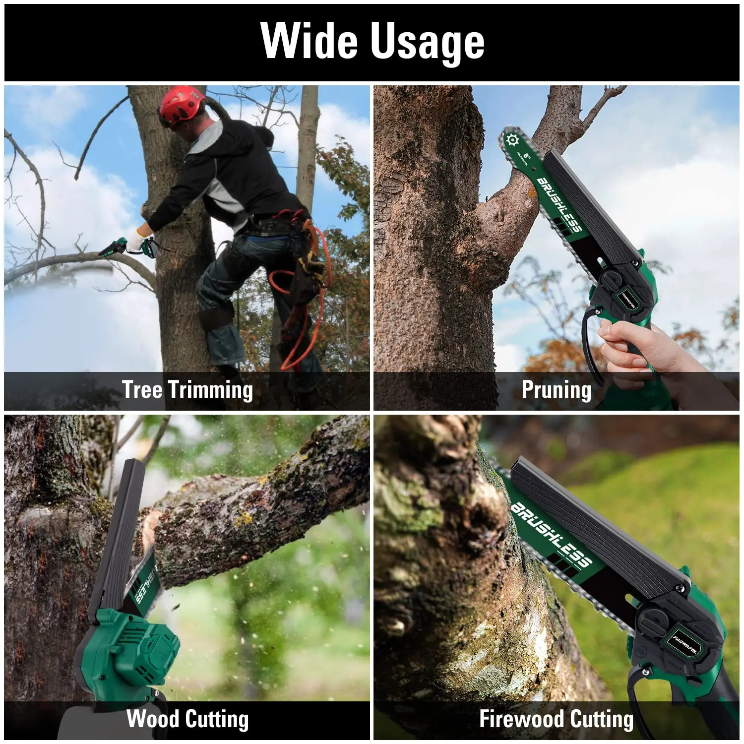 Lithium Battery Powered Cordless Mini Electric Chainsaw 8 inch with Brushless Motor Saw Chains for Trees Pruning Trimming